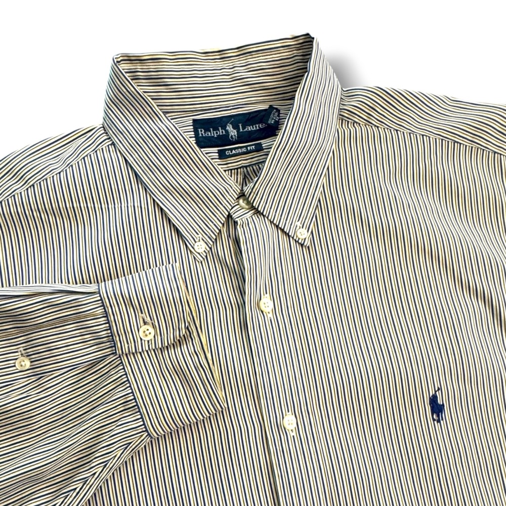 Ralph Lauren Classic Fit Mens 18 36/37 Striped Button Down Shirt LS Blue Yellow